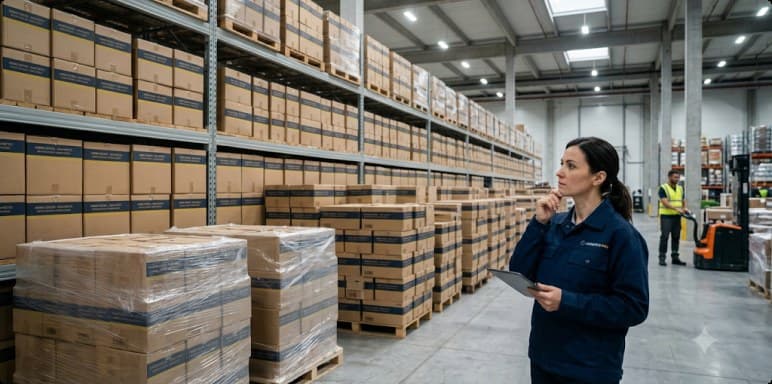 Pallets stacked deep down a warehouse aisle