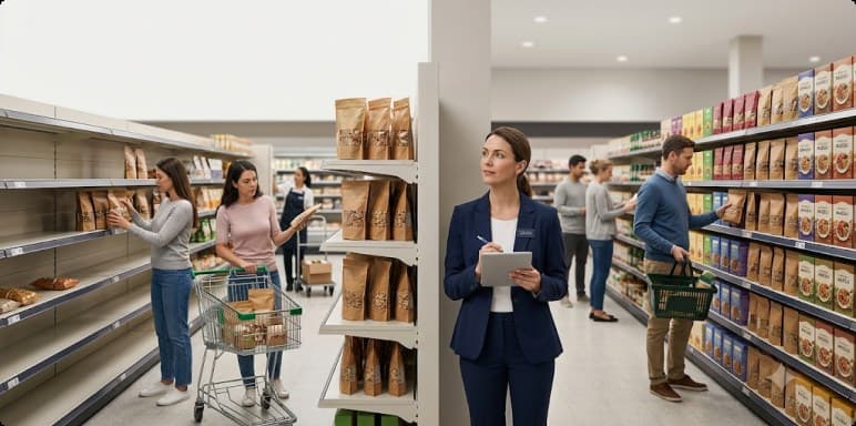 Half-empty bays as shoppers clear a moving line