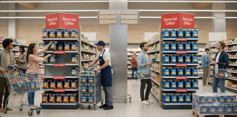 Special-offer end-caps being worked while shoppers browse