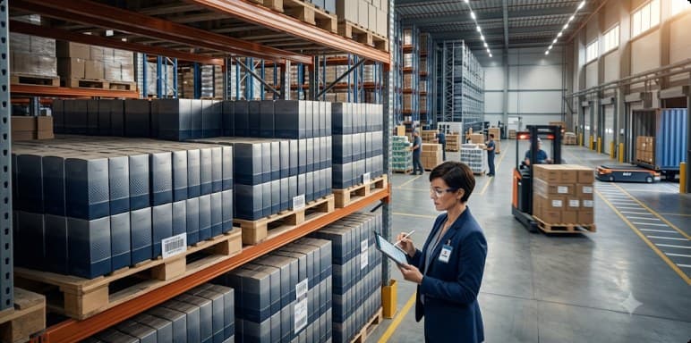 Stock sitting in racking while a supervisor reviews it