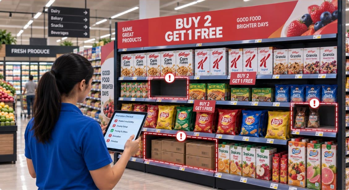 Promotional end-cap with execution gaps flagged against the campaign plan