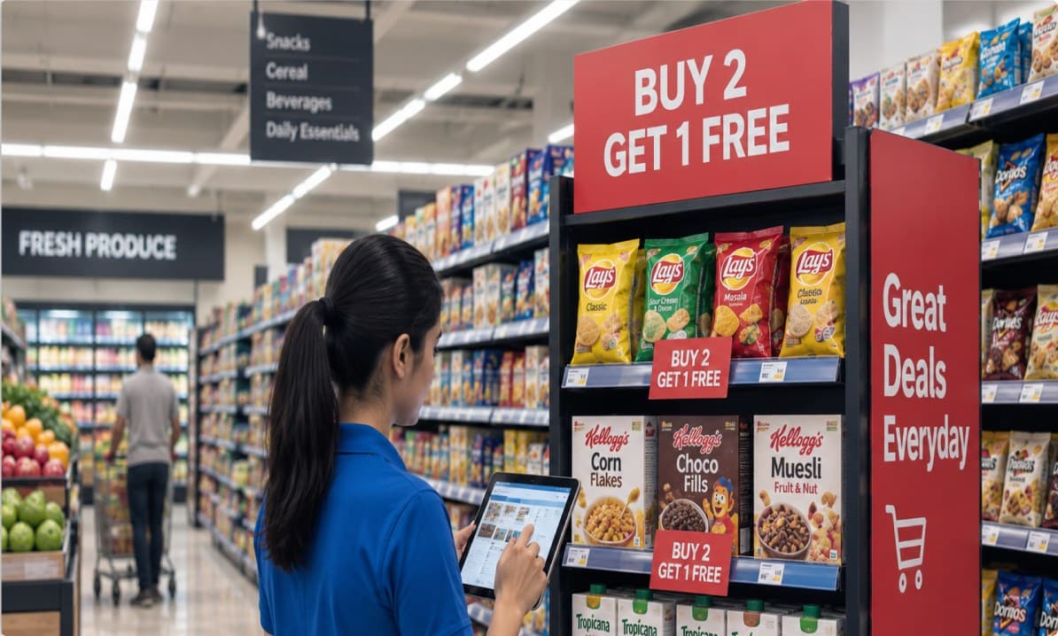 Store colleague checking a Buy 2 Get 1 Free end-cap on a tablet