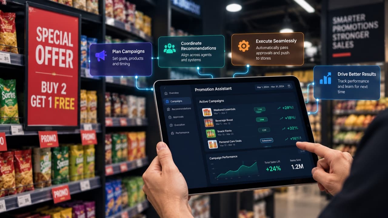 Maestro's Promotion Assistant on a tablet in a store aisle, planning campaigns, coordinating recommendations, executing and tracking results