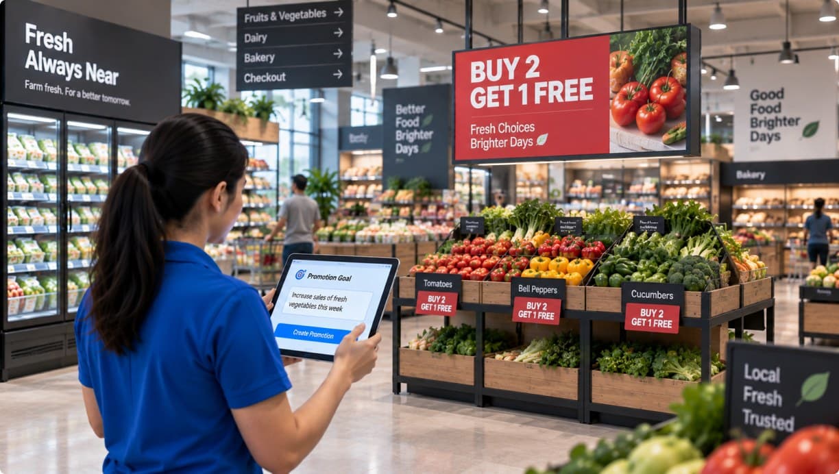 Colleague planning a campaign on a tablet beside a promotional display