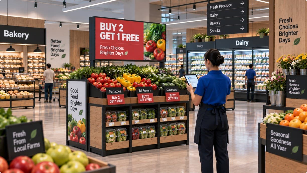 Promotional signage running above the fresh produce floor