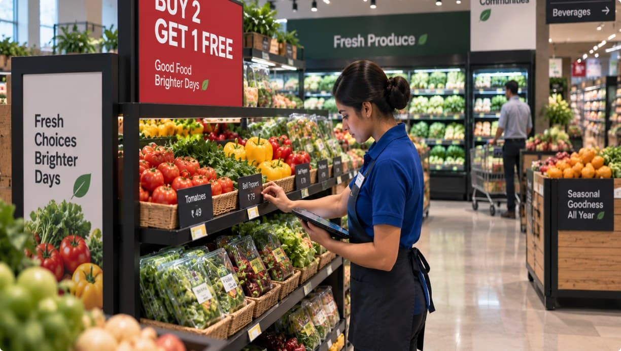 Colleague checking a live promotion against the produce display