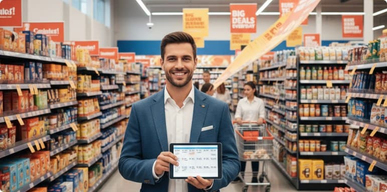 Manager reviewing a promotion on a tablet in a deals aisle