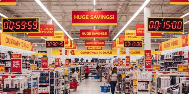 Countdown timers above the shop floor during a limited-time sale
