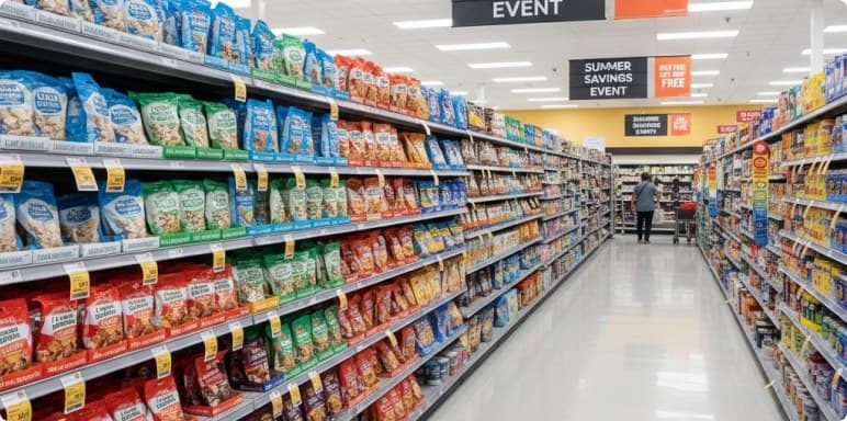 Summer savings event signage above a supermarket aisle