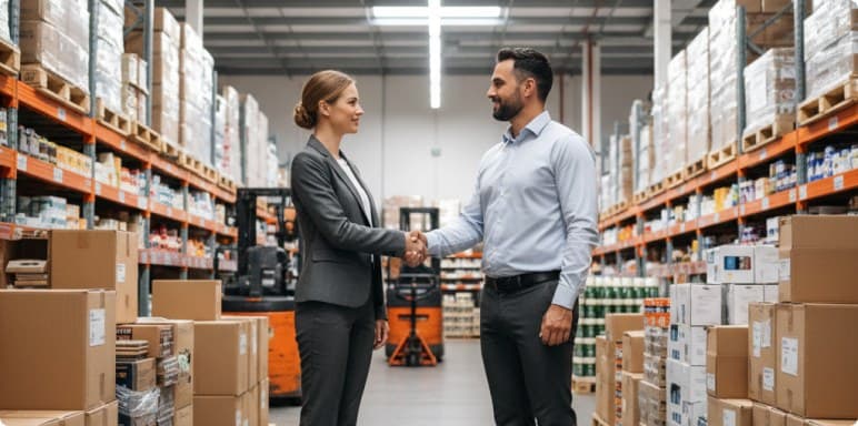 Supplier and buyer shaking hands in a distribution warehouse