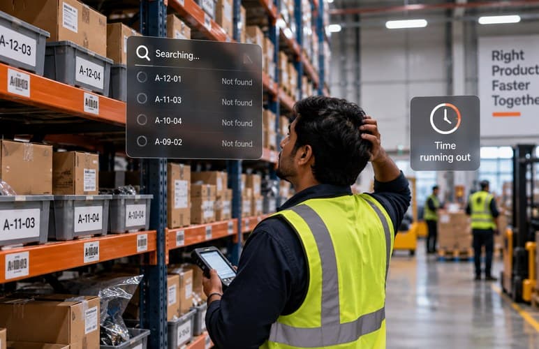 A picker walking an aisle, searching the racking for the right tote