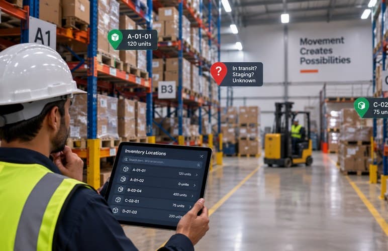 Goods moving between staging and loading, past any fixed bin location