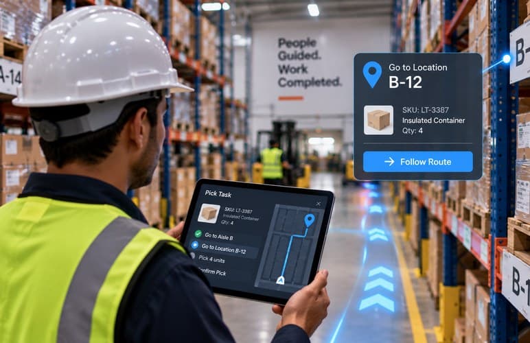 A WMS screen full of stock data beside a worker with no guidance on the floor