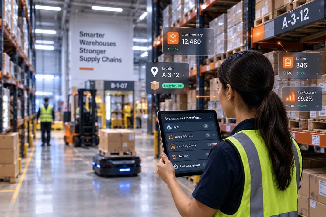 A warehouse aisle with location, pick and custody signals resolving over the racking