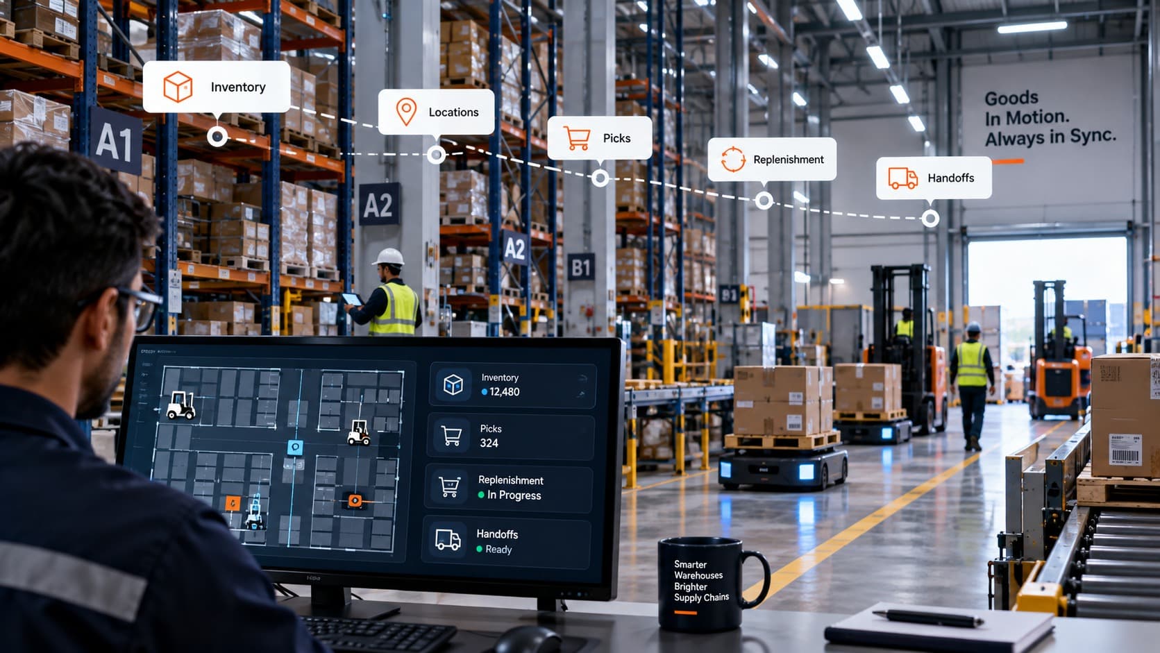 A racked warehouse aisle traced from inventory to handoff, with an operator watching the floor on screen
